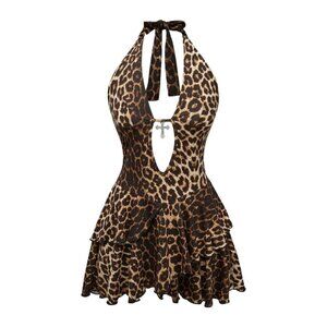 Plus Size Halter Dress Backless Ruffle Mini Y2K Gothic Deep V Neck